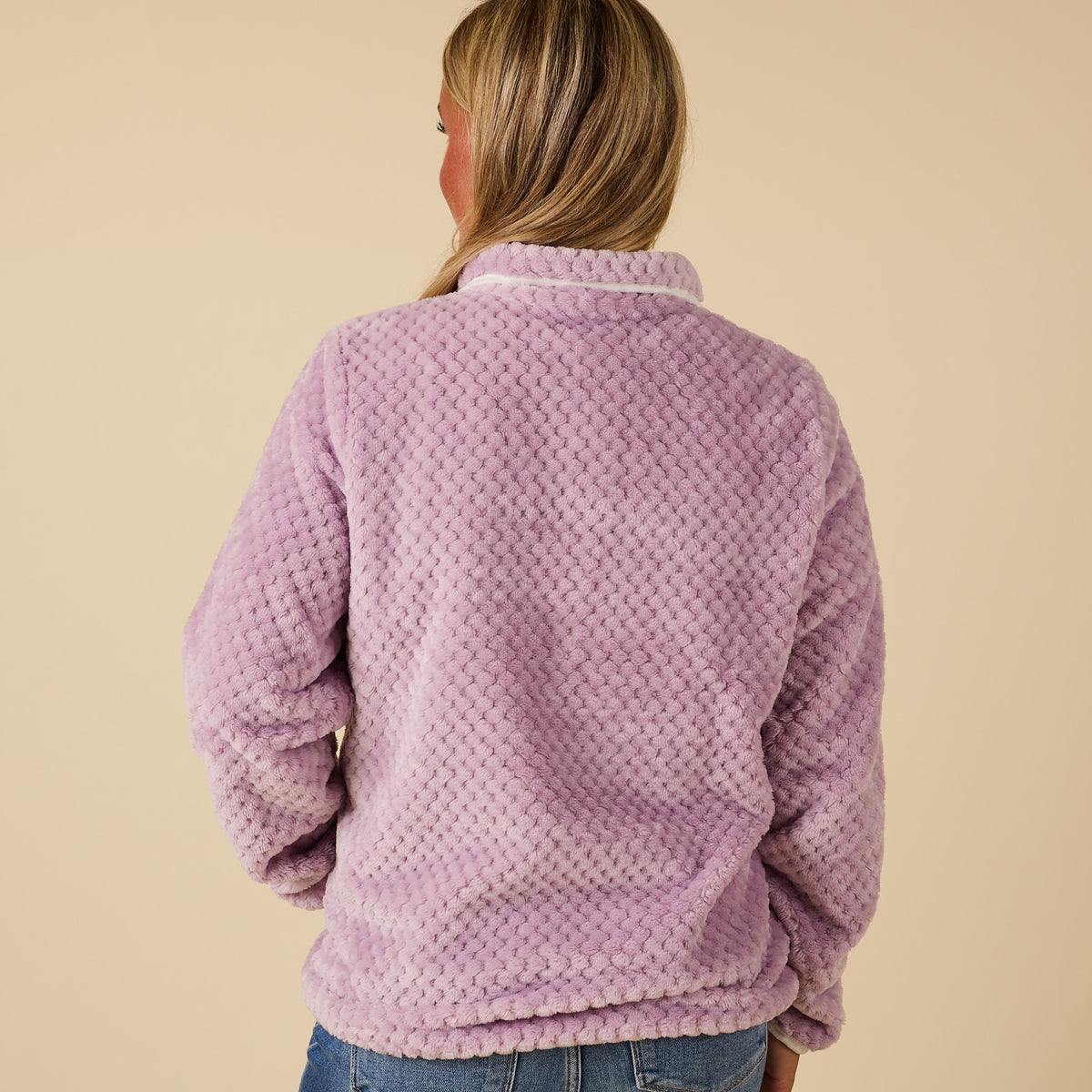 Back view of lilac Simply Southern sherpa pullover with textured fleece and relaxed fit.