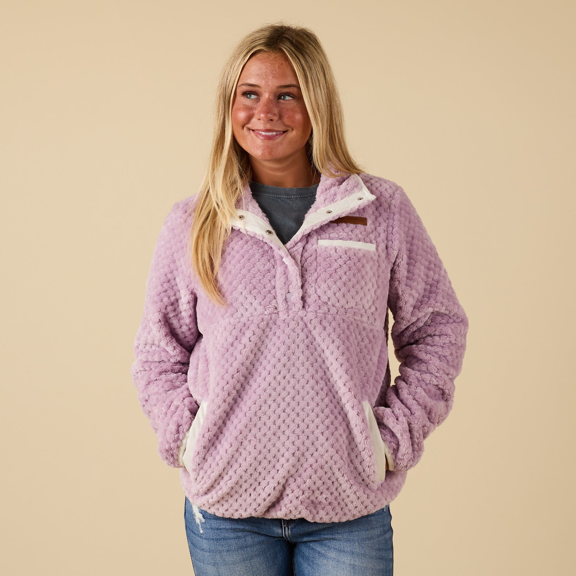 Front view of lilac Simply Southern sherpa pullover with quarter-snap closure, chest pocket, and side pockets.