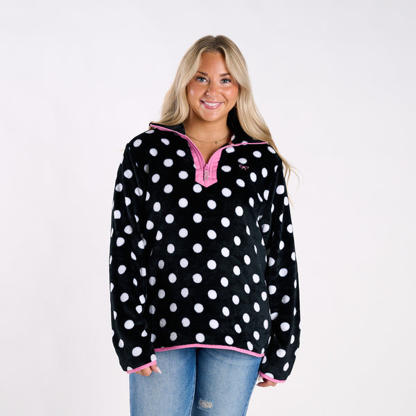 Polka Dot Fleece Quarter-Zip Pullover in Black