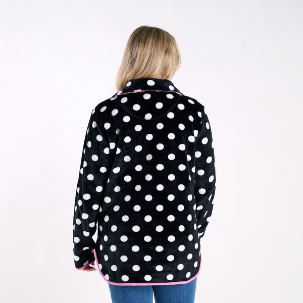 Polka Dot Fleece Quarter-Zip Pullover in Black