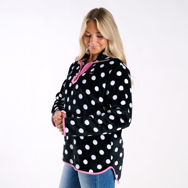 Polka Dot Fleece Quarter-Zip Pullover in Black