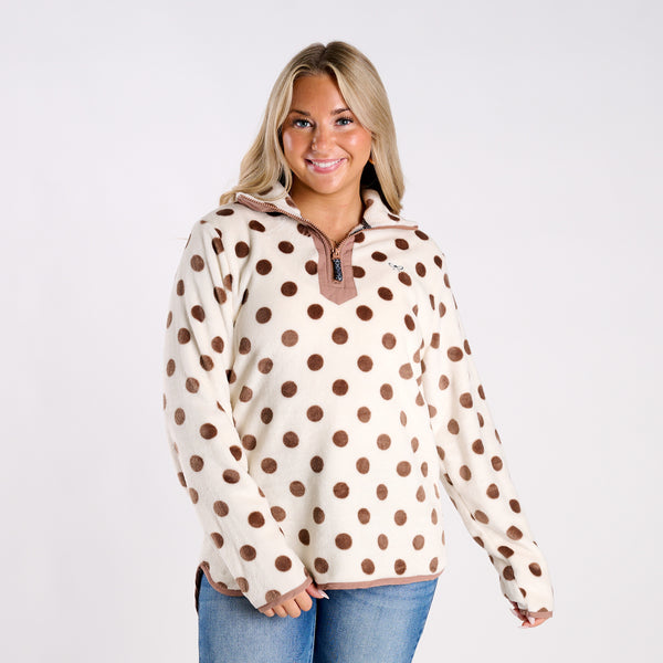 Polka Dot Fleece Quarter-Zip Pullover in Cream