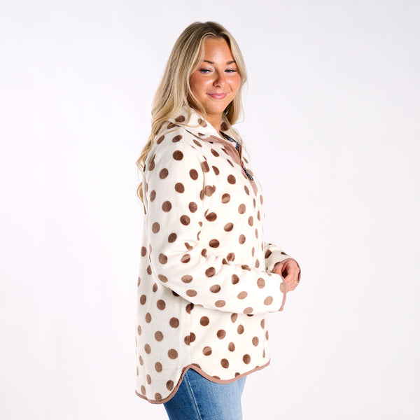 Polka Dot Fleece Quarter-Zip Pullover in Cream