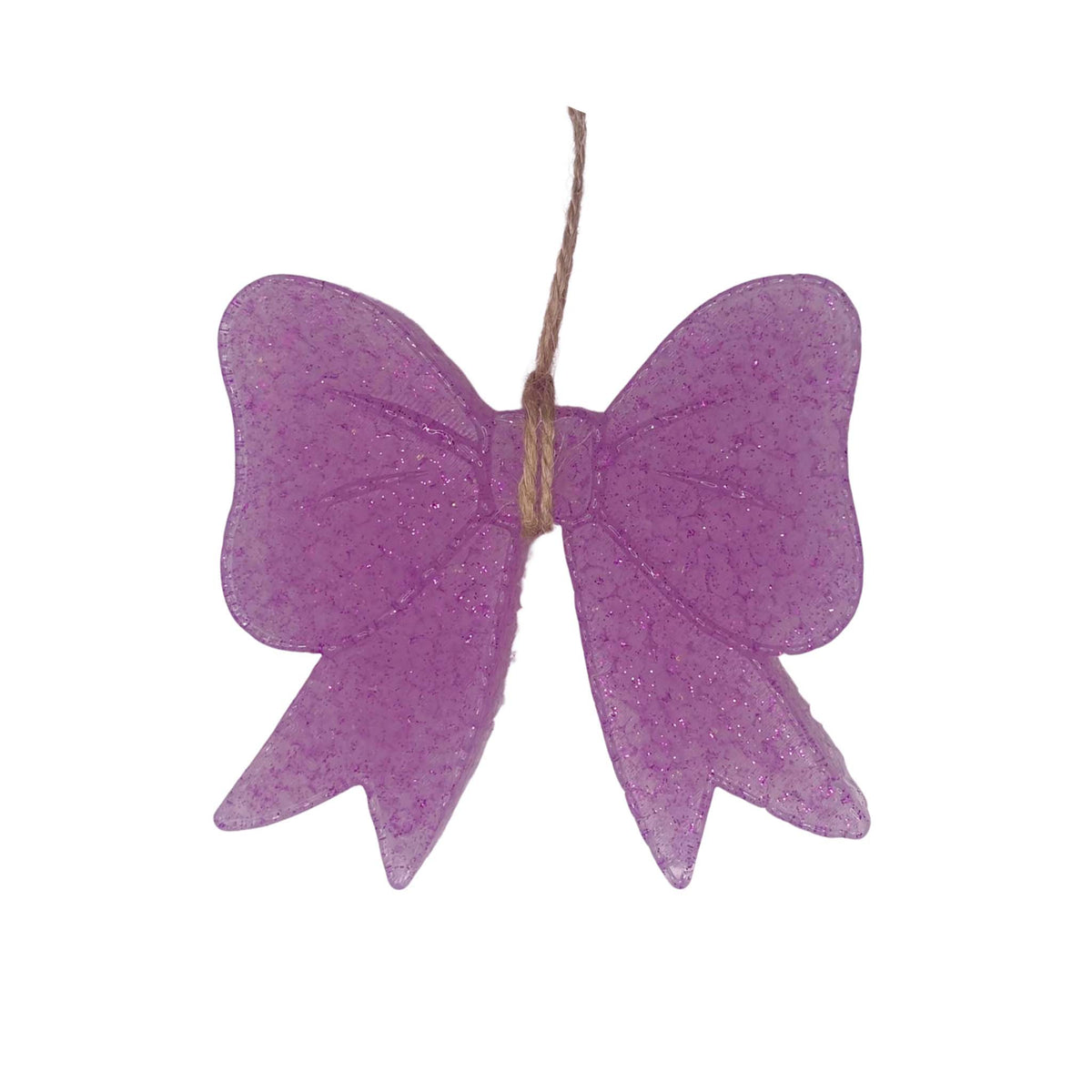 Purple bow shaped air freshener shaped like a bow.  A string is provided for hanging.