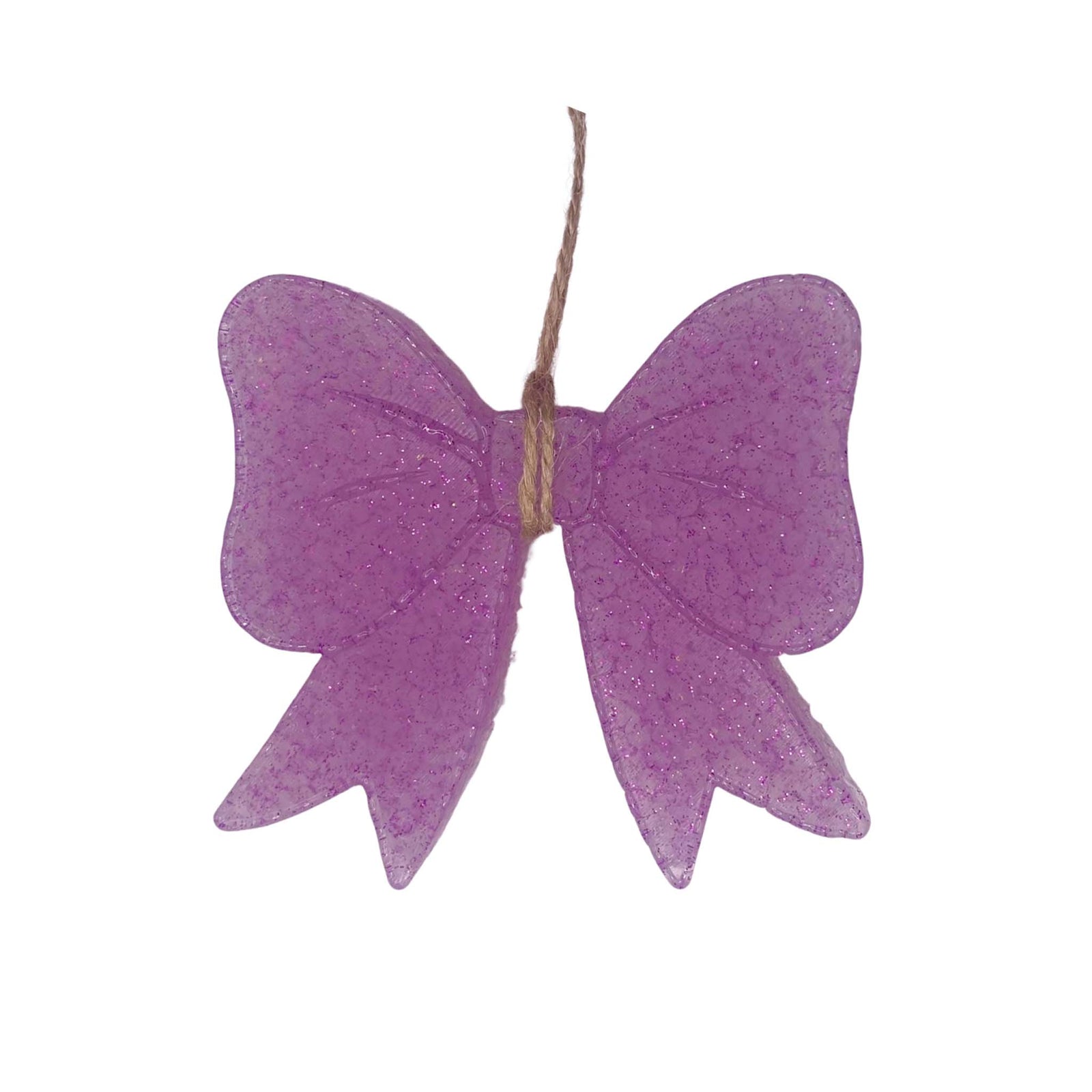 Purple bow shaped air freshener shaped like a bow.  A string is provided for hanging.