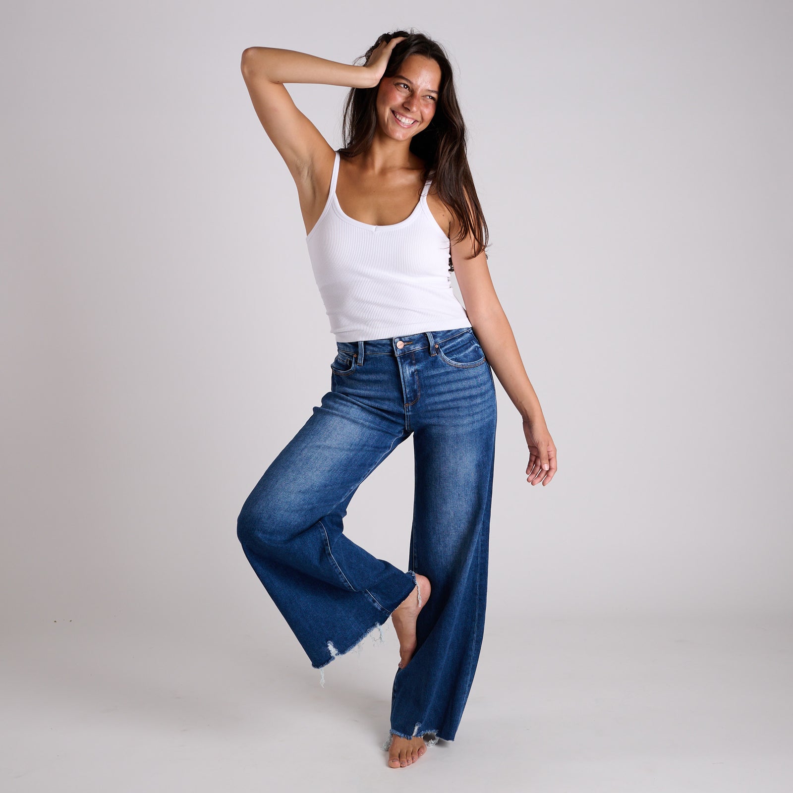 High Rise Raw Hem Wide Leg Dark Jeans