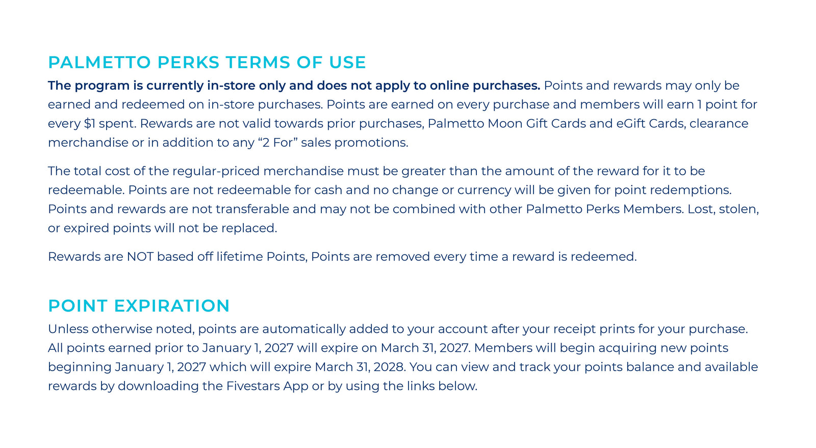 Palmetto Perks Terms of  Use and perks expiration details.