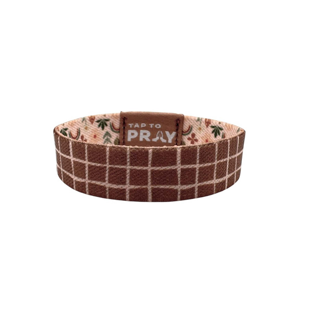 Bracelet with plaid pattern and 'Tap to Pray' text on a white background