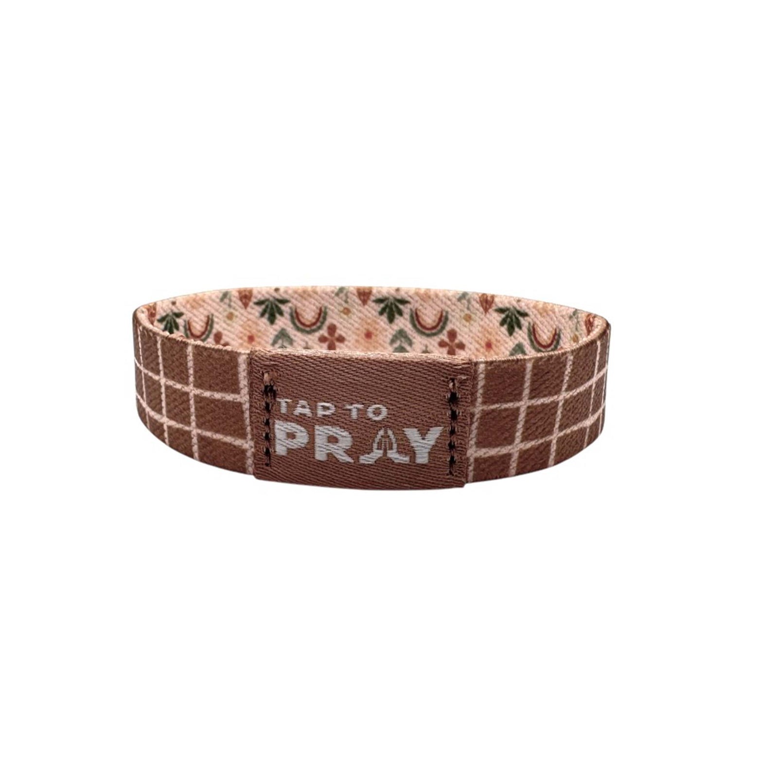 Brown bracelet with 'Tap to Pray' text on a white background