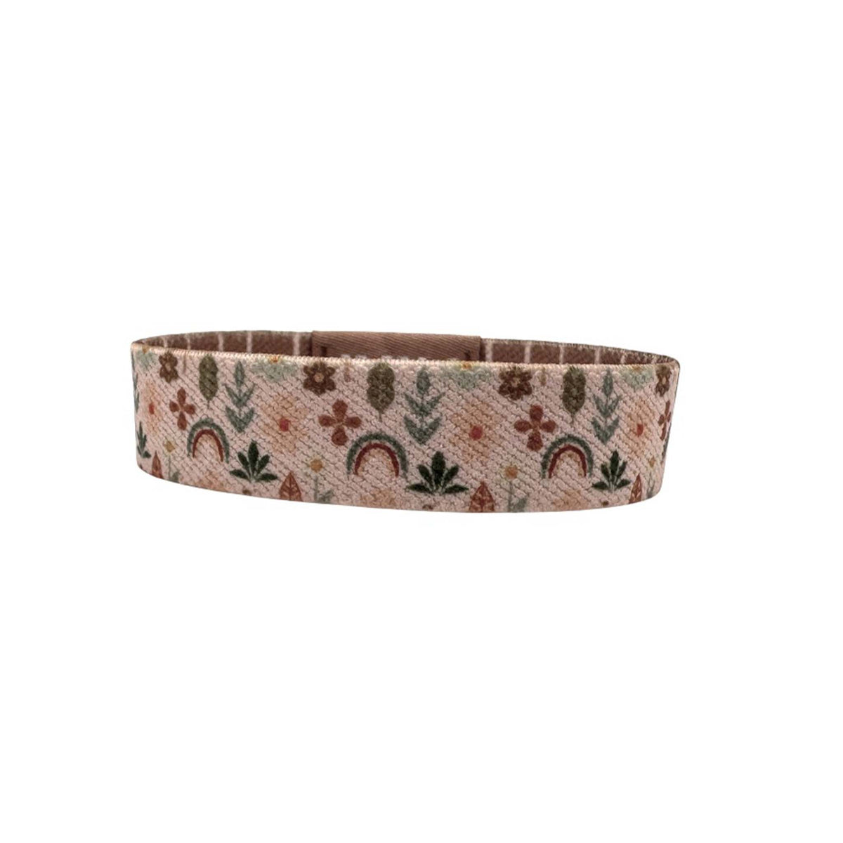 Decorative headband with floral and rainbow pattern on a white background
