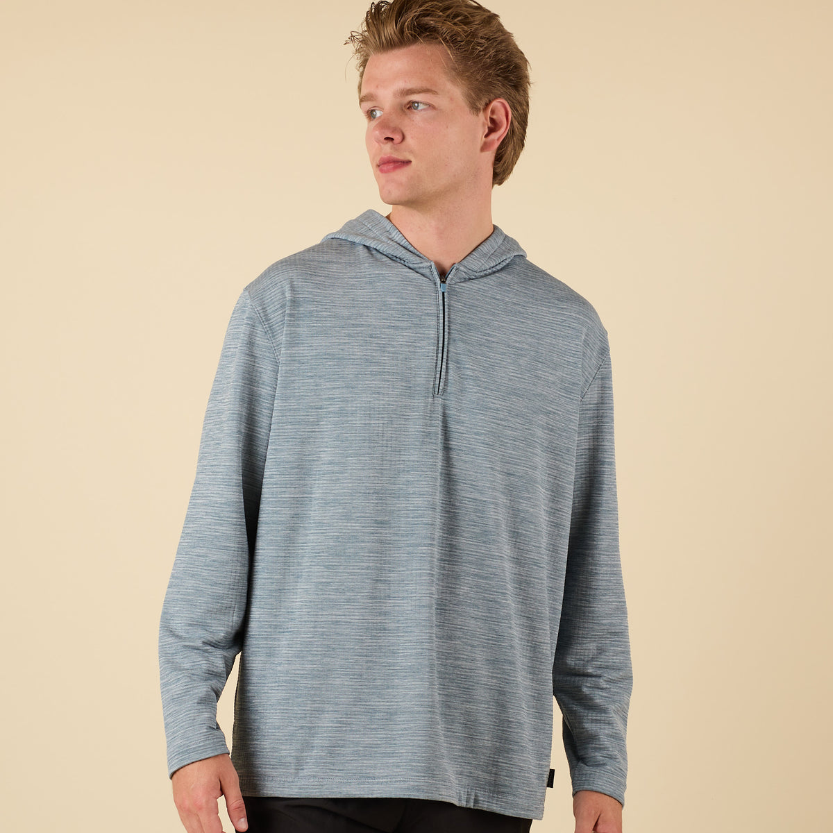 Front view of Coast Apparel Lightweight Performance Quarter Zip Hoodie in yachtsman blue