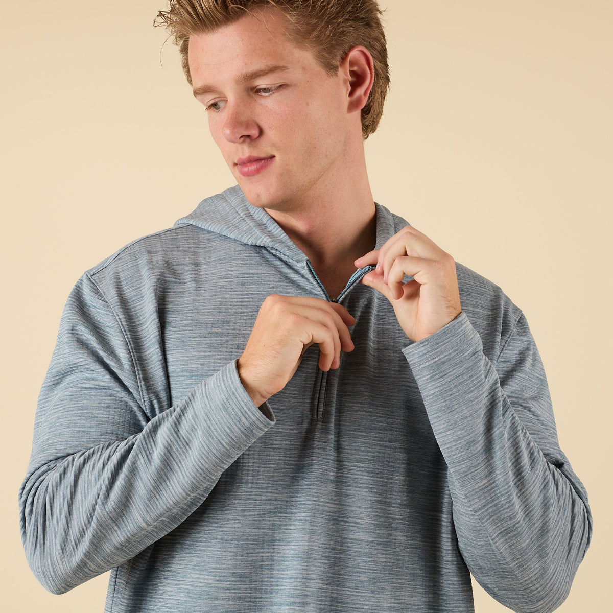 Front view of Coast Apparel Lightweight Performance Quarter Zip Hoodie in yachtsman blue
