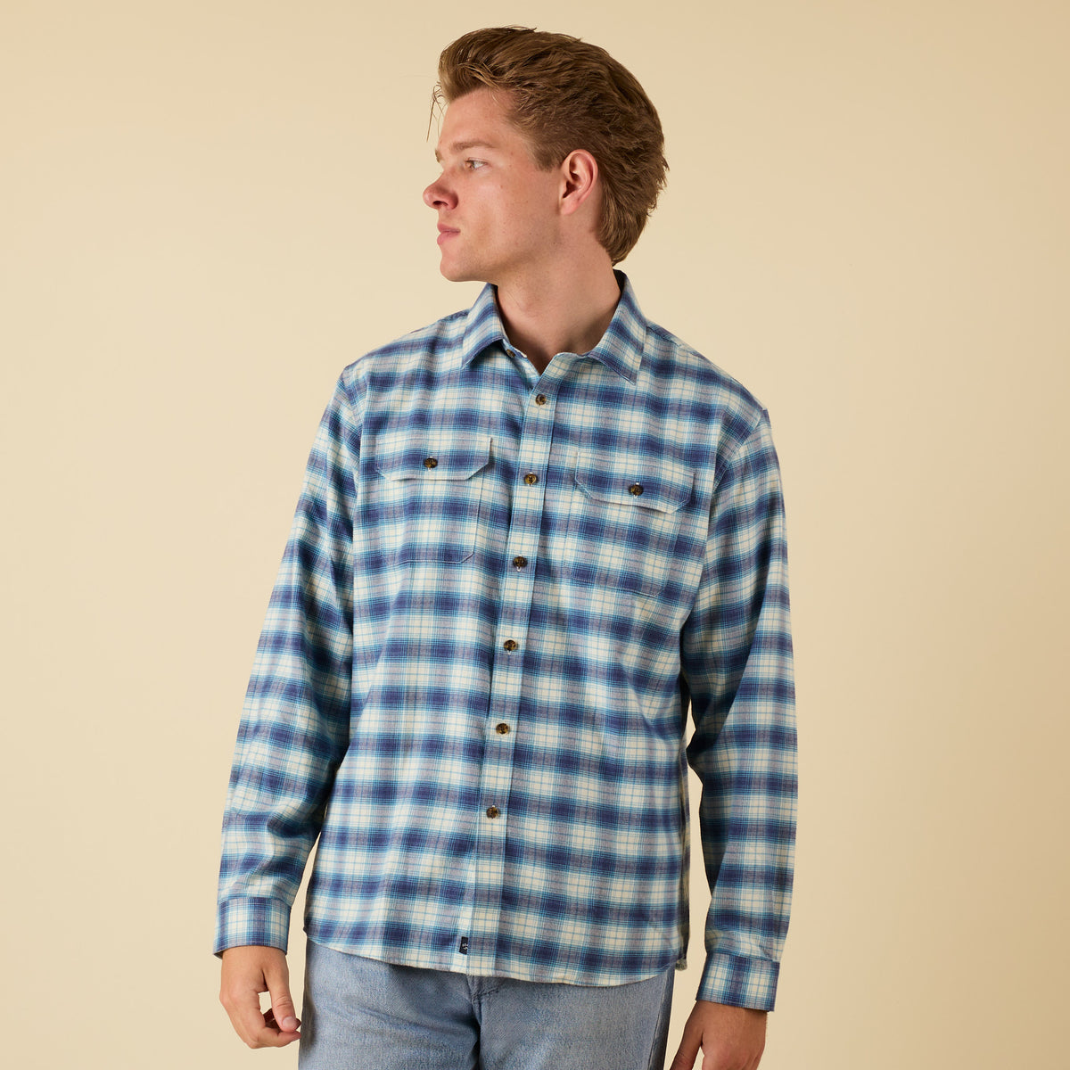 Man wearing a blue and white plaid shirt against a beige background