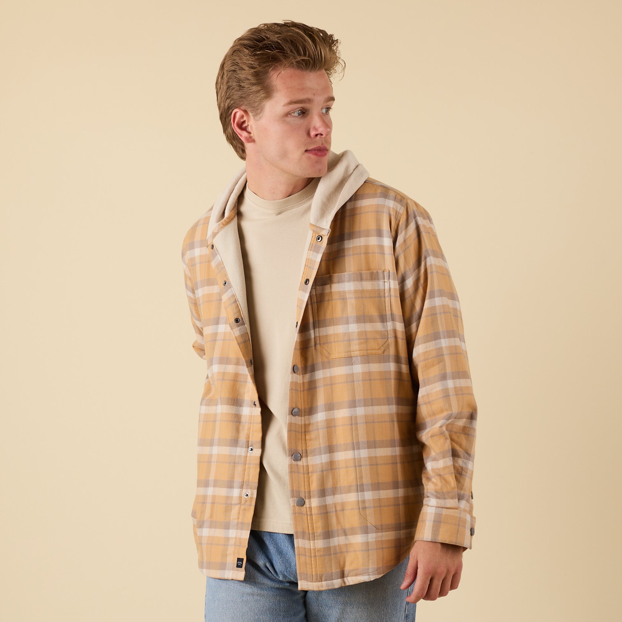 Coast Apparel Men's Harbor Shacket with Hood in Light Umber plaid
