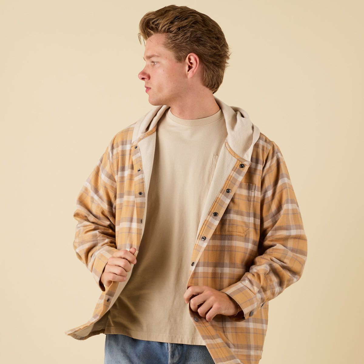 Coast Apparel Men's Harbor Shacket with Hood in Light Umber plaid