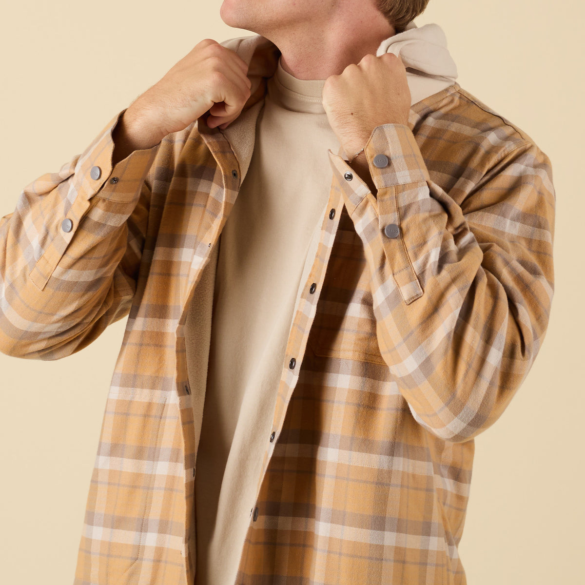 Coast Apparel Men's Harbor Shacket with Hood in Light Umber plaid