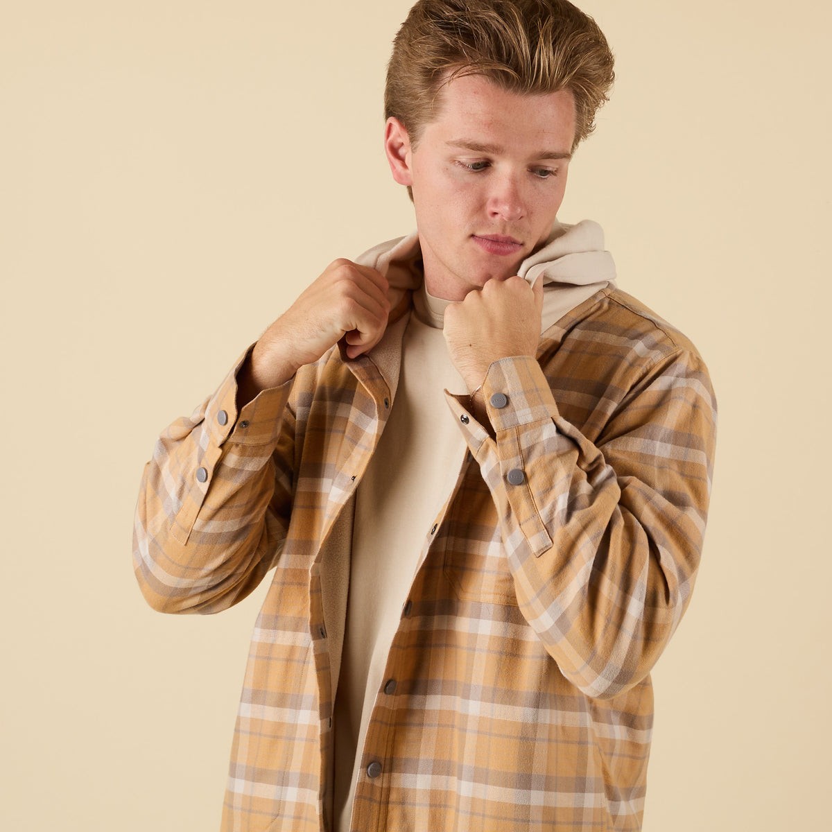 Coast Apparel Men's Harbor Shacket with Hood in Light Umber plaid