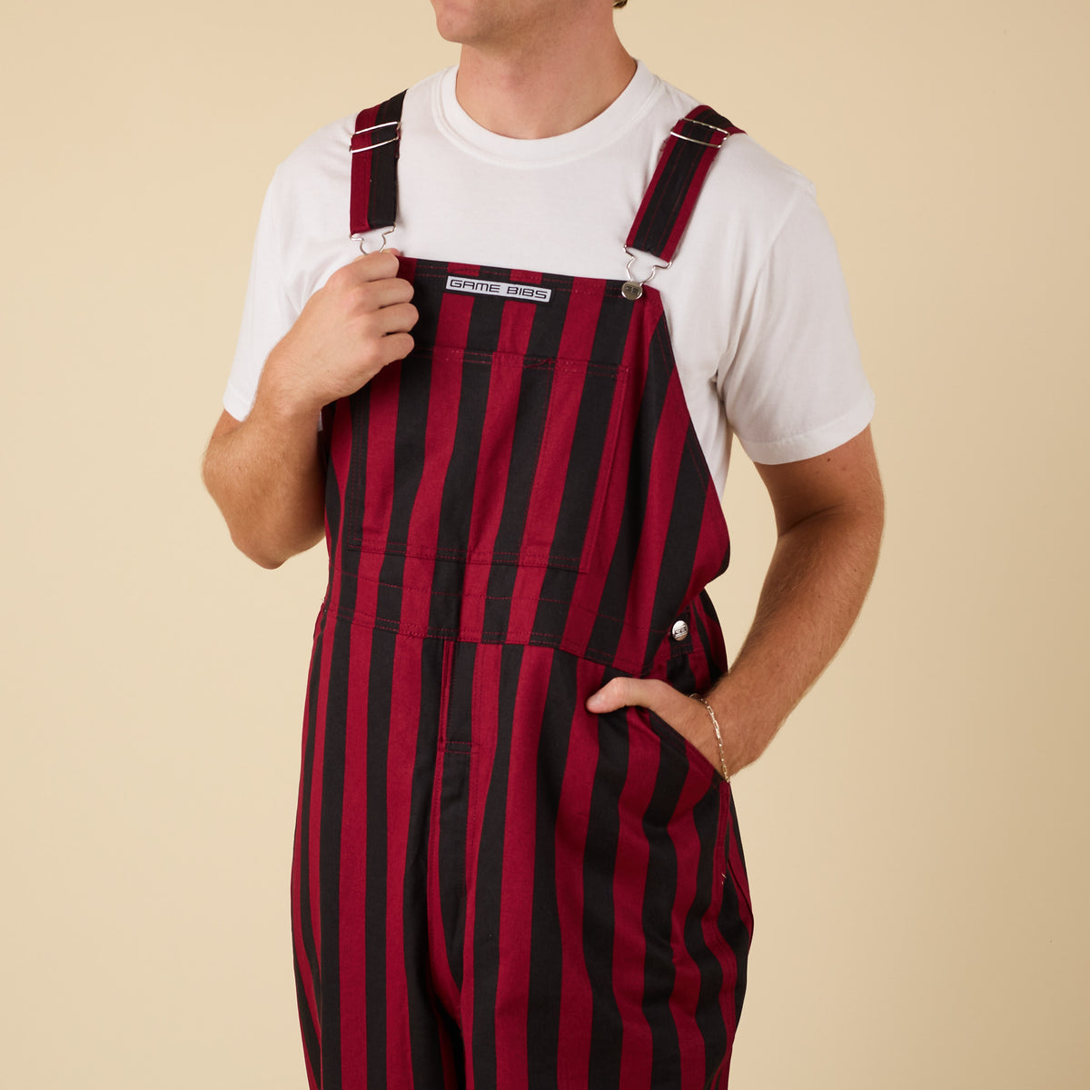 Detailed close up shot of the front of garnet and black overalls.