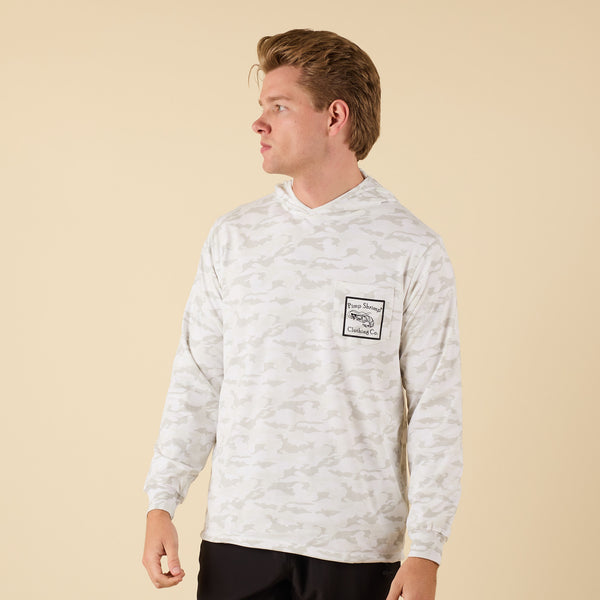 Front view of man wearing a white camo Pimp Shrimp t-shirt hoodie.