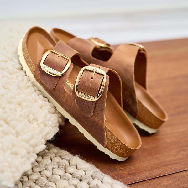Women's Arizona Leather Big Buckle Sandals in Cognac
