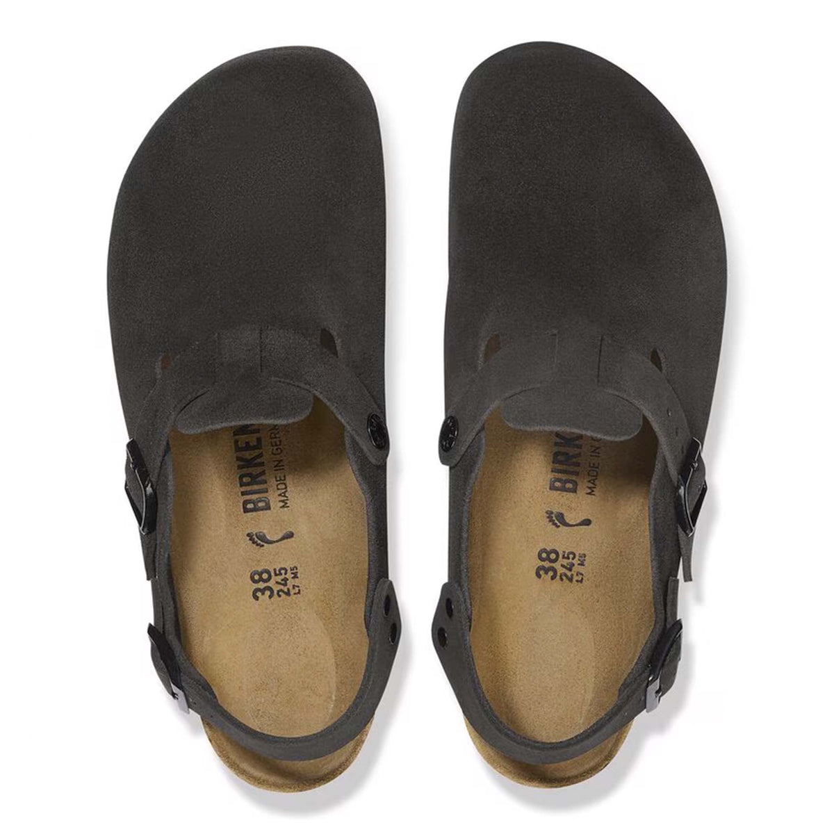 Pair of black suede clogs with brand logo on a white background