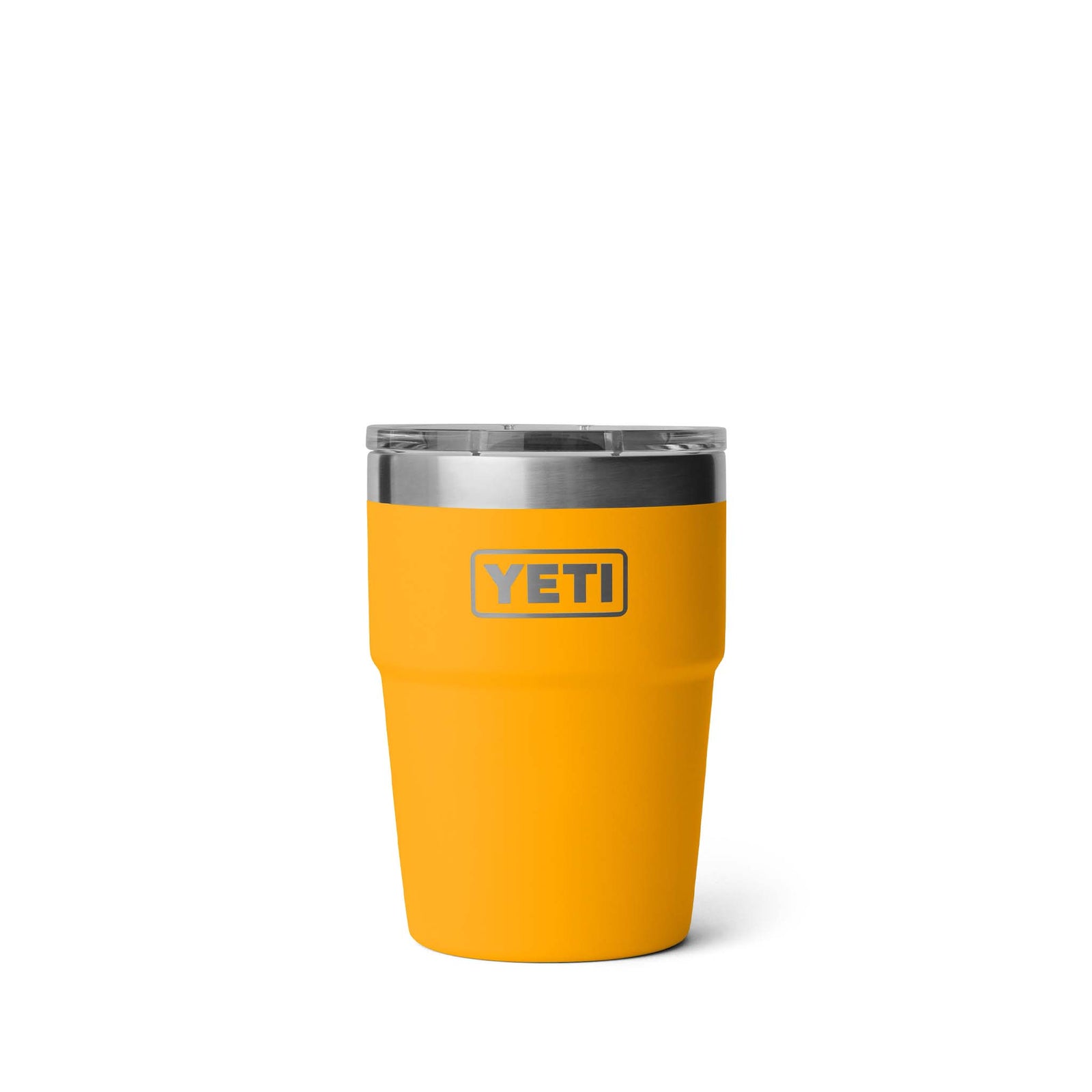 Front view of a 16 oz YETI Rambler Stackable Pint in Beekeeper yellow, with a stainless-steel rim and the YETI logo embossed on the front.