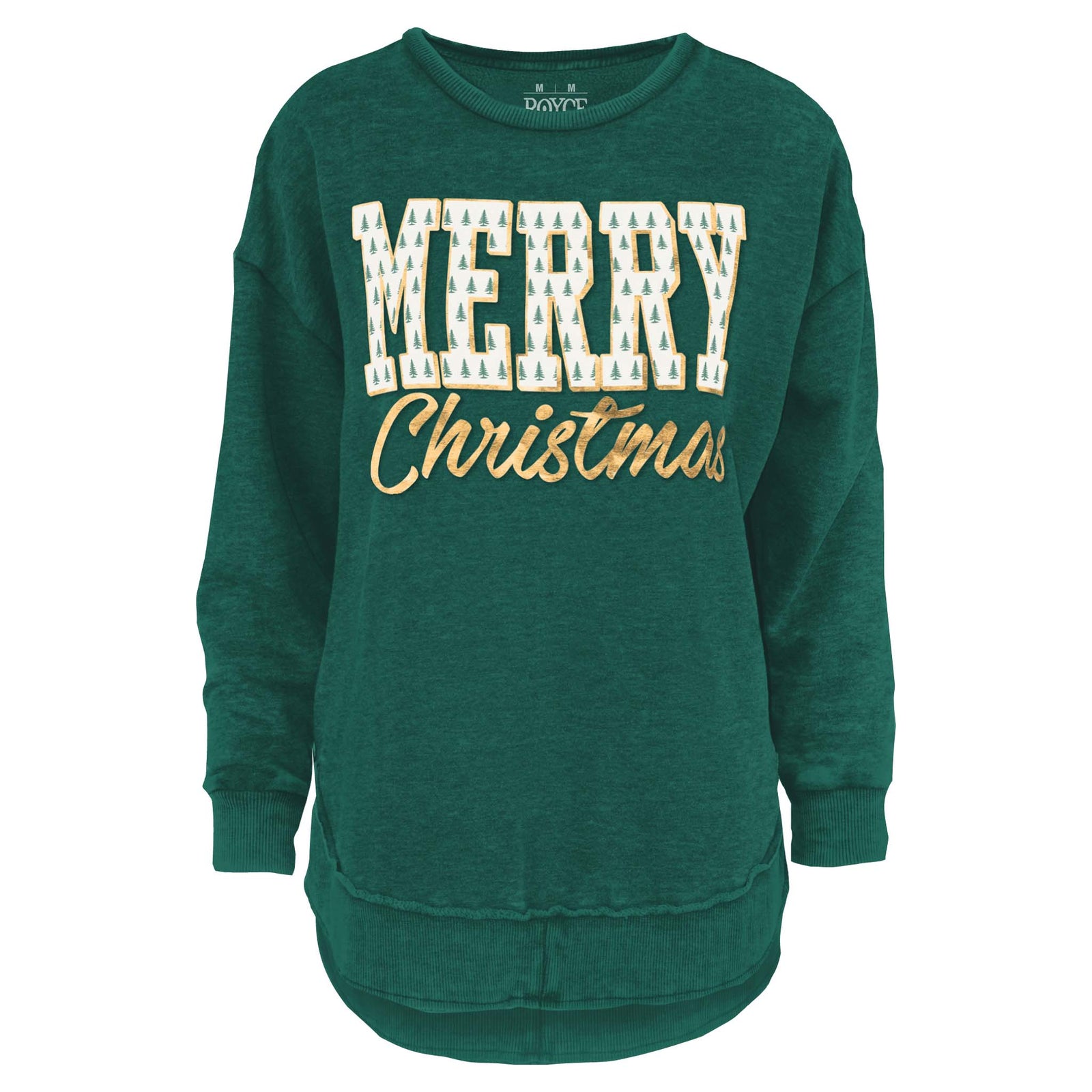 Green crewneck sweatshirt featuring a screen-printed ‘MERRY Christmas’ design with patterned tree-print block letters and gold script lettering across the front.