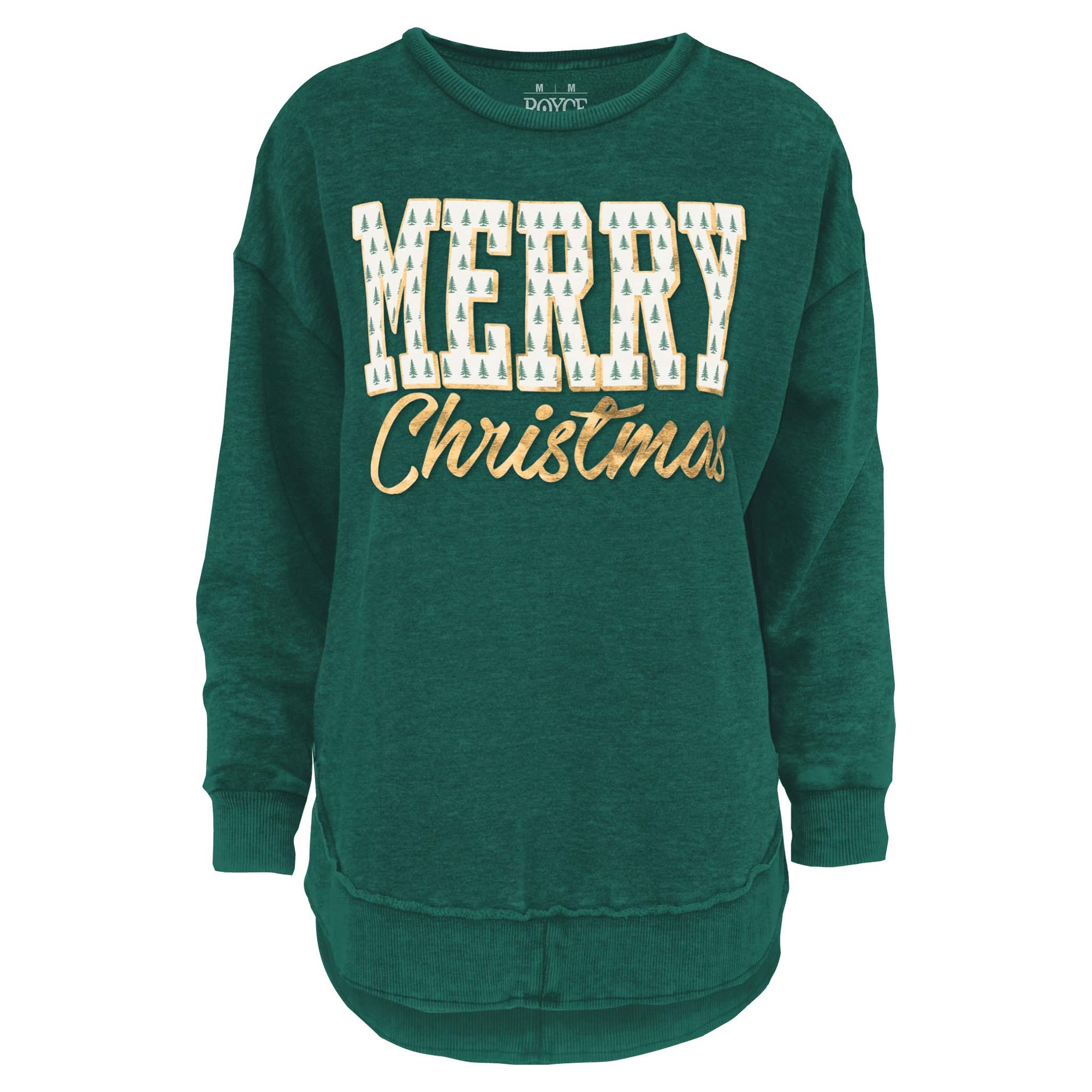 Green crewneck sweatshirt featuring a screen-printed ‘MERRY Christmas’ design with patterned tree-print block letters and gold script lettering across the front.