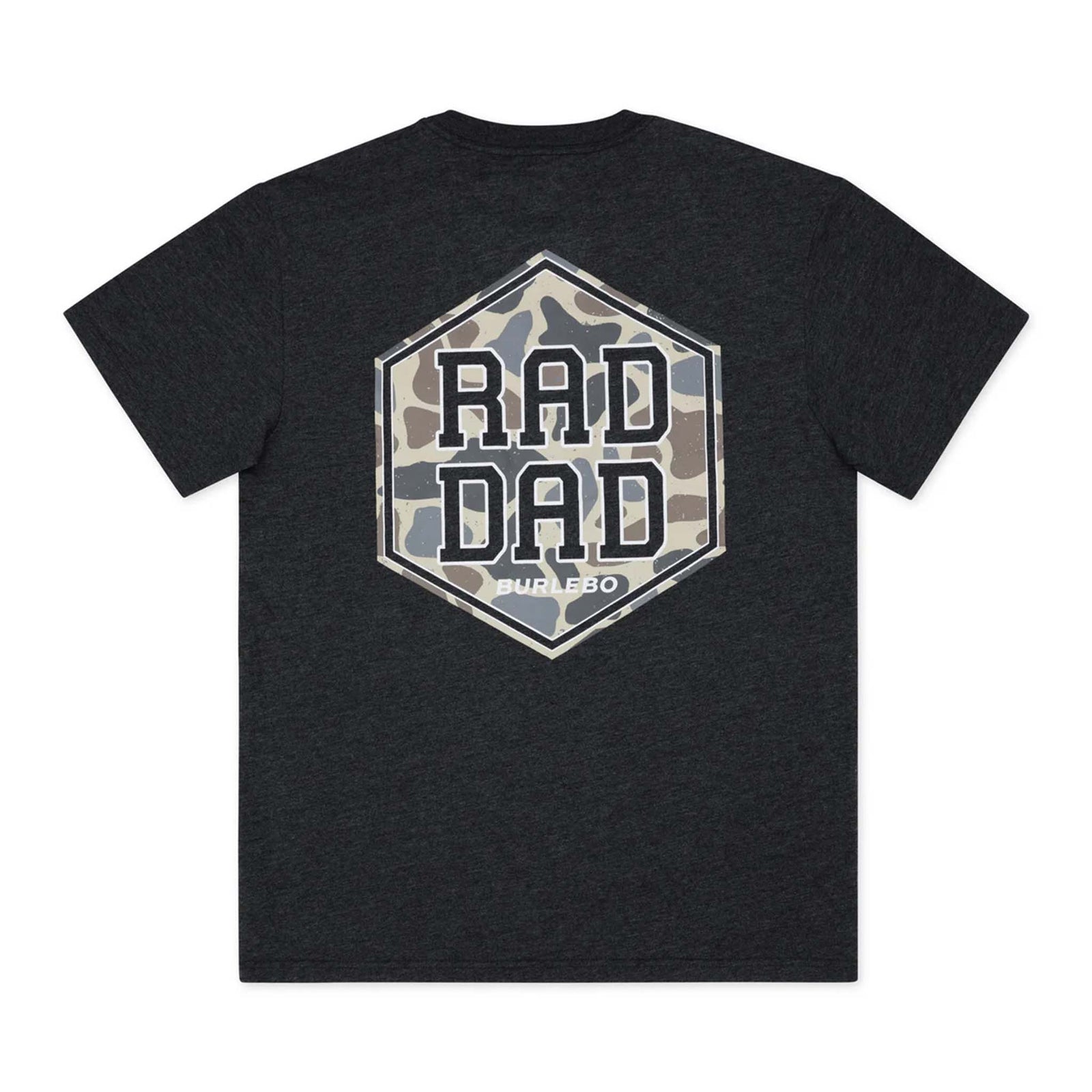 Burlebo Heather black t-shirt with a Rad Dad camo plate graphic on the back.