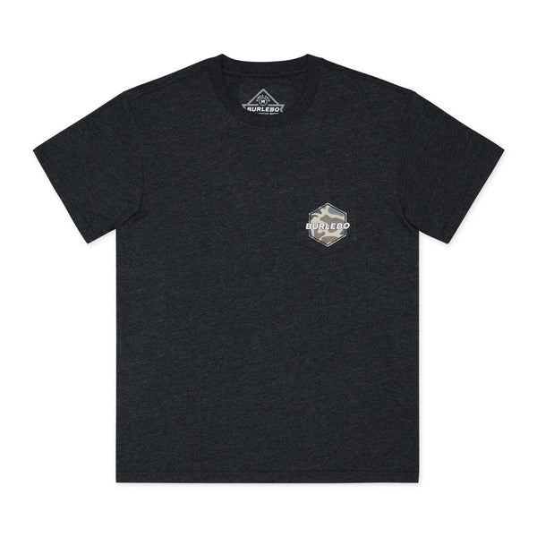 Front of Burlebo Heather black t-shirt with a camo plate logo on the front pocket.