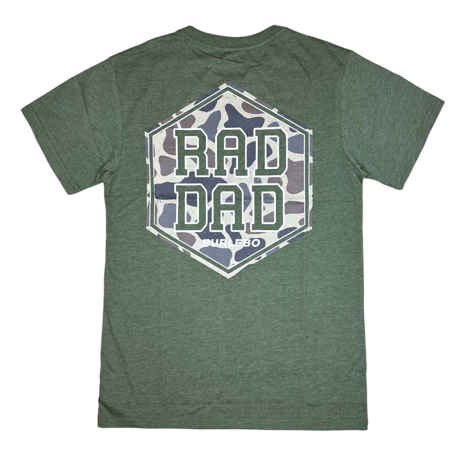Burlebo Rad Dad Short Sleeve T-shirt in olive green, sizes S-XXL, unisex sizing. Back features a hexagon camo graphic with bold “RAD DAD” text and small “Burlebo” logo underneath.