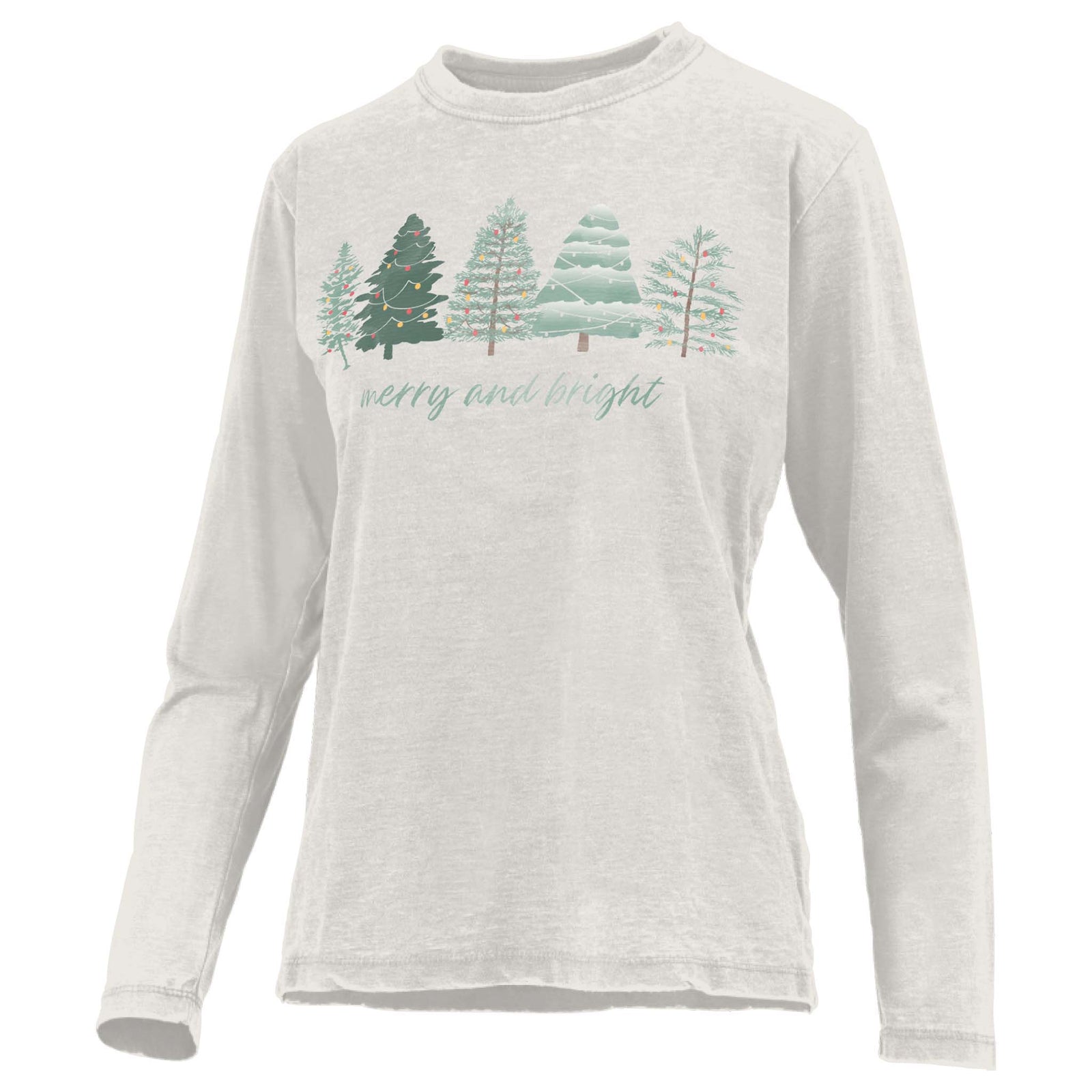 light grey long sleeve t-shirt with pastel green Christmas trees and “merry and bright” text graphic by Royce Apparel.