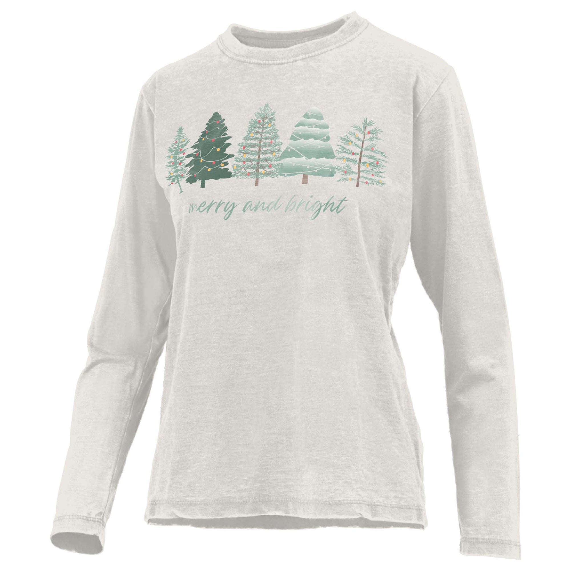 light grey long sleeve t-shirt with pastel green Christmas trees and “merry and bright” text graphic by Royce Apparel.