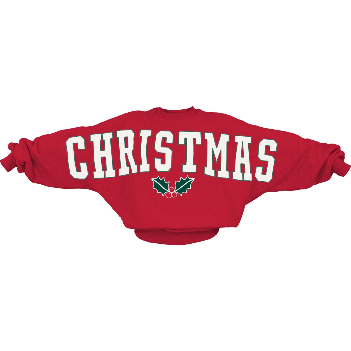 Red sweatshirt with 'CHRISTMAS' text and holly design on a white background