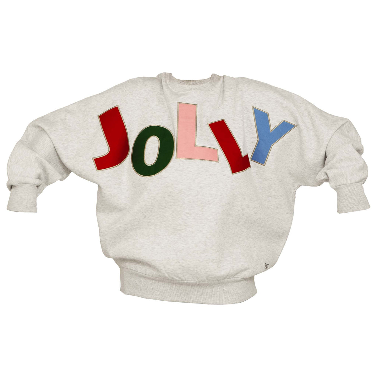 Light grey oversized sweatshirt with bold multicolor block letters spelling “JOLLY” across the front.