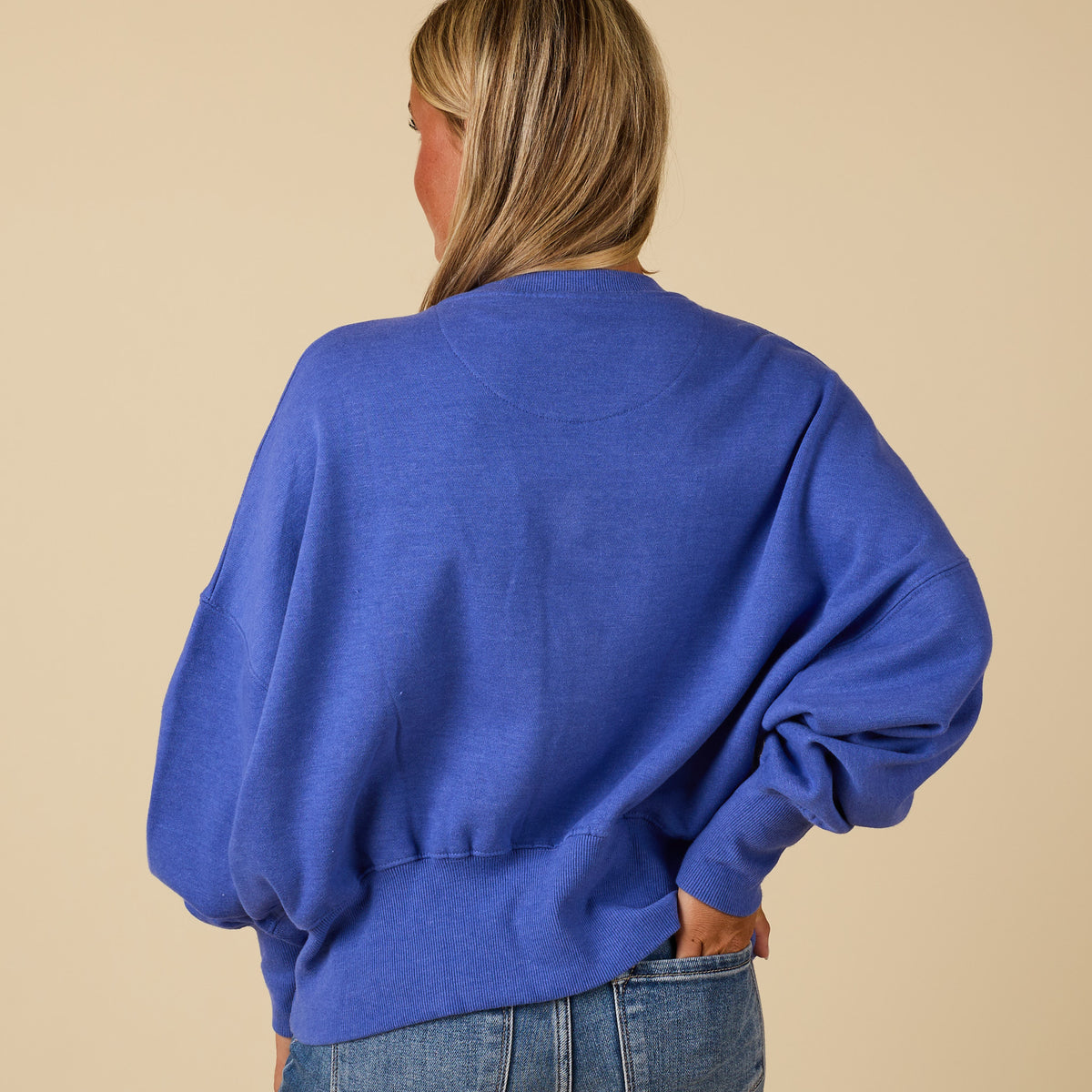 Periwinkle Youngstown crewneck sweatshirt with relaxed fit and ribbed hem, modeled from the back.