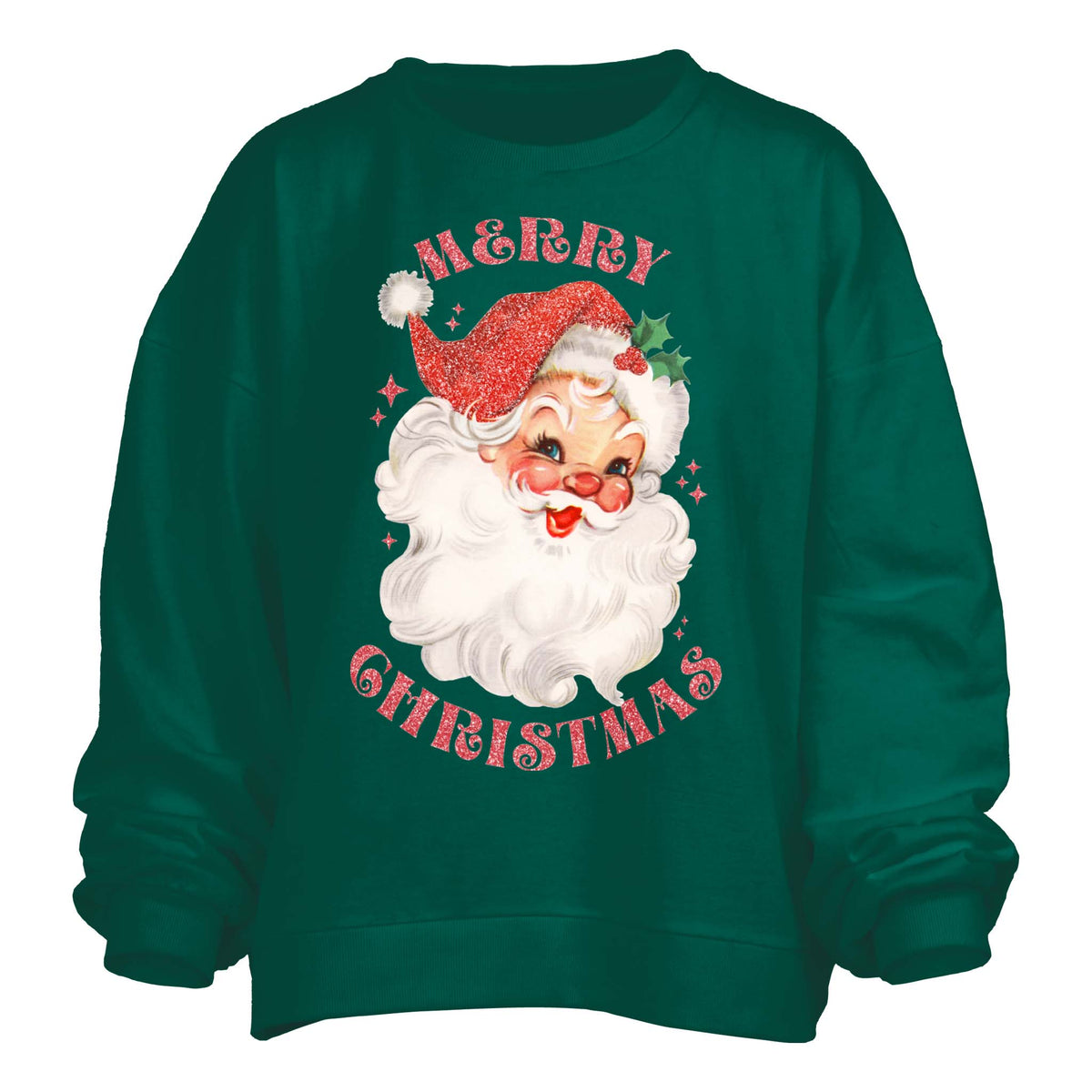 Glitter Santa Fleece Crewneck Sweatshirt in Green
