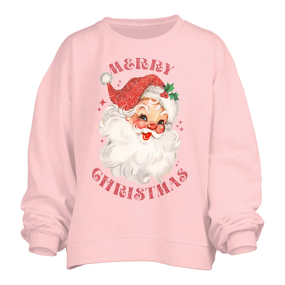 Light pink sweatshirt with retro Santa Claus graphic and red glitter-style “Merry Christmas” lettering.