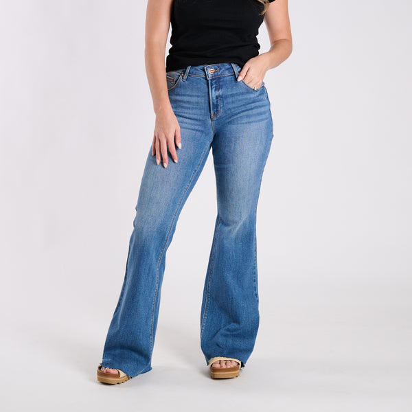 Mid Rise Raw Cut Medium Wash Jeans