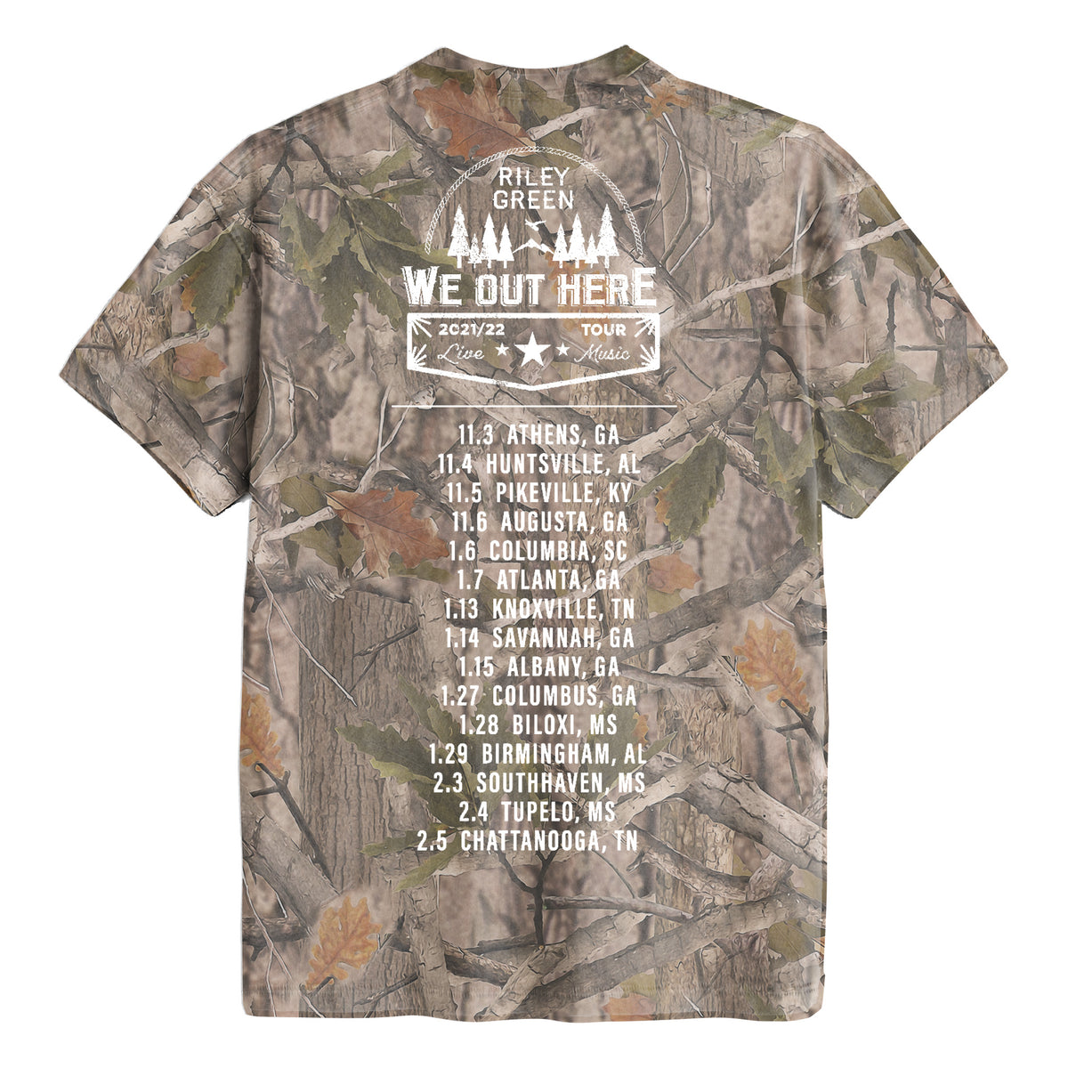 Camouflage t-shirt with white text listing Riley Green tour locations on a white background