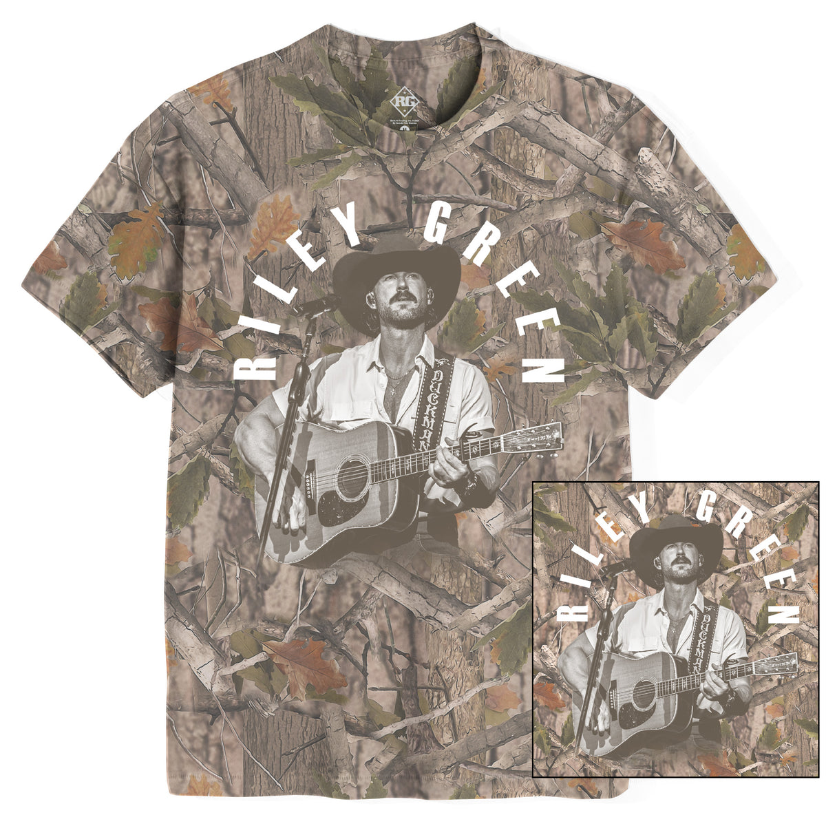 Camouflage t-shirt with a graphic of a person playing guitar and 'Riley Green' text.