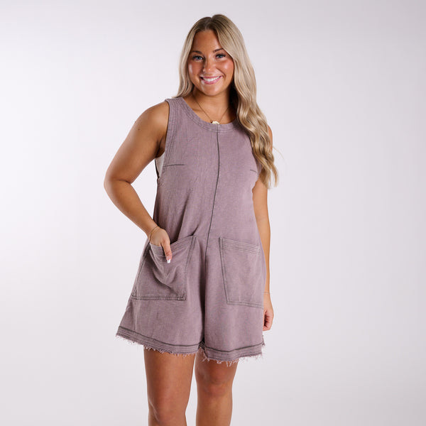 Washed Two Pocket Romper in Dark Grey