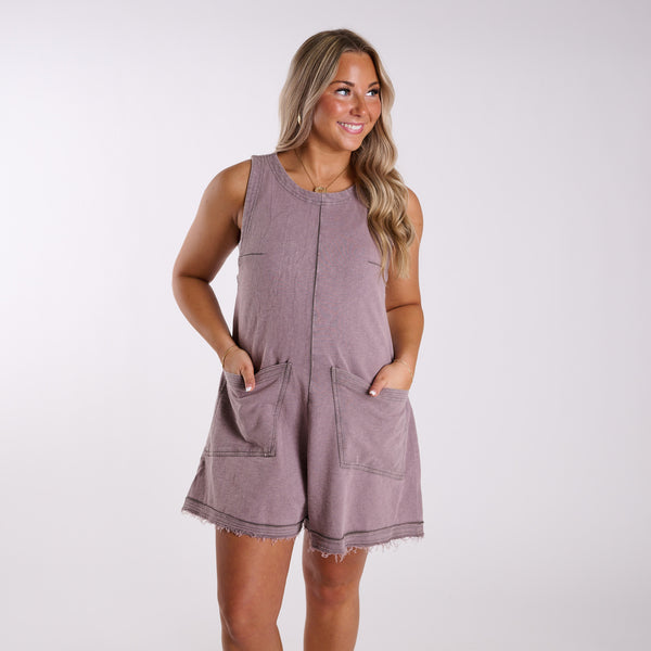 Washed Two Pocket Romper in Dark Grey