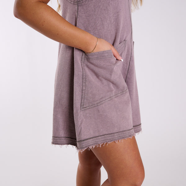 Washed Two Pocket Romper in Dark Grey