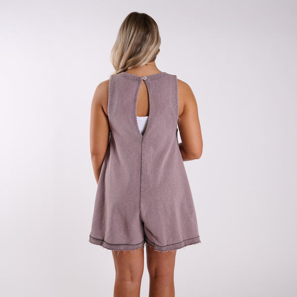Washed Two Pocket Romper in Dark Grey