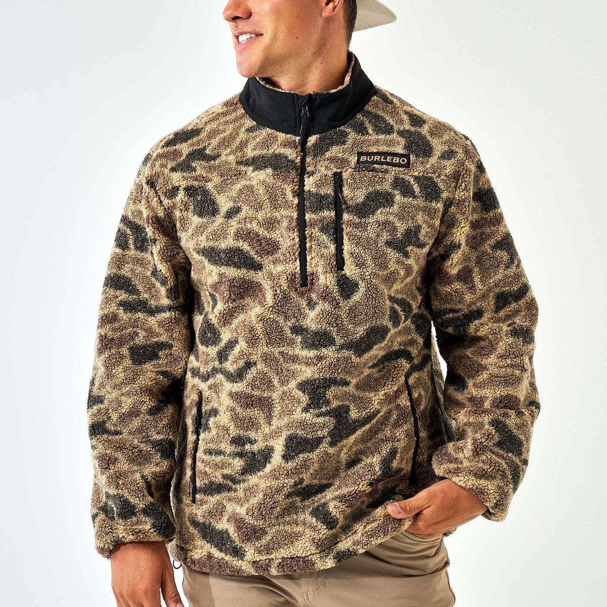 Burlebo Men's Sherpa Quarter Zip Pullover in Rocky Mountain Camo