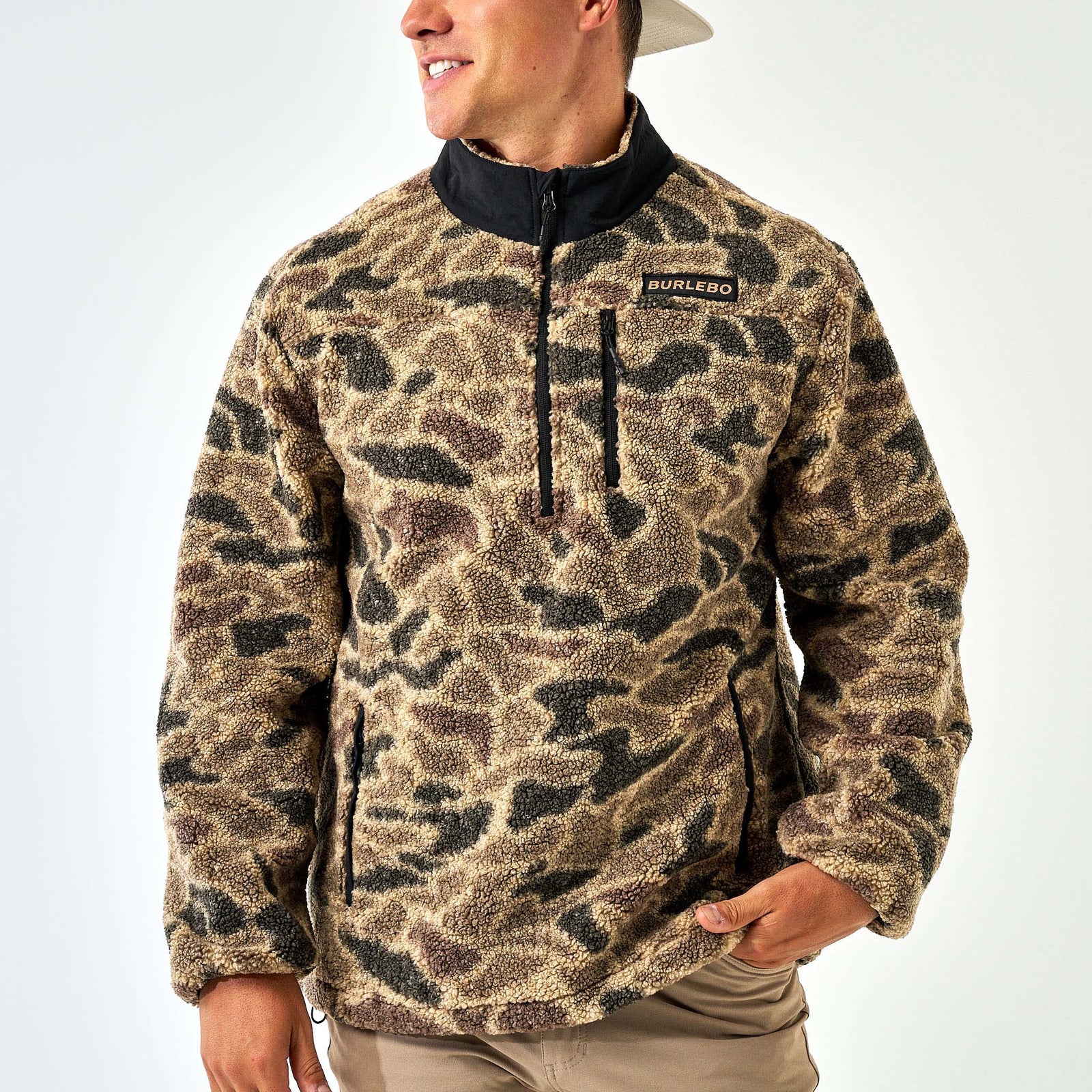 Burlebo Men's Sherpa Quarter Zip Pullover in Rocky Mountain Camo