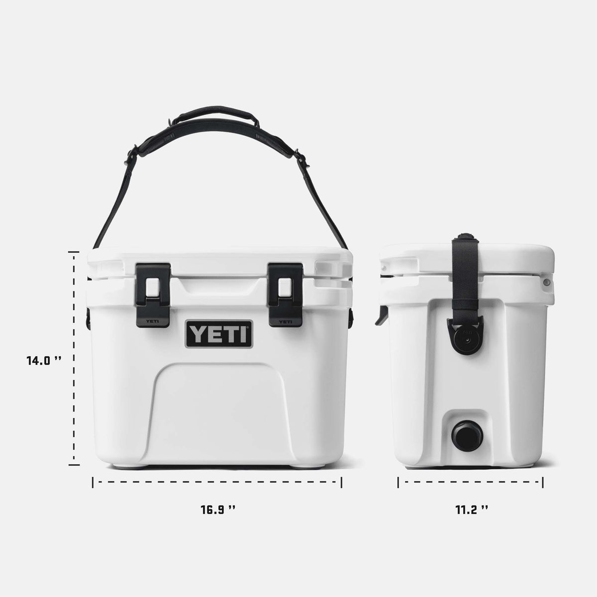 YETI Roadie 15 cooler in white shown from front and side views with dimensions labeled: 14.0" tall, 16.9" wide, and 11.2" deep. Adjustable shoulder strap attached.