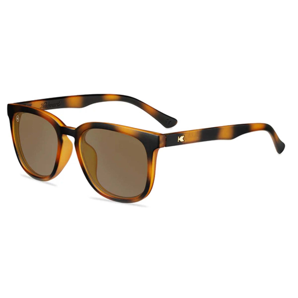 Sunglasses with tortoiseshell frame and brown lenses on a white background