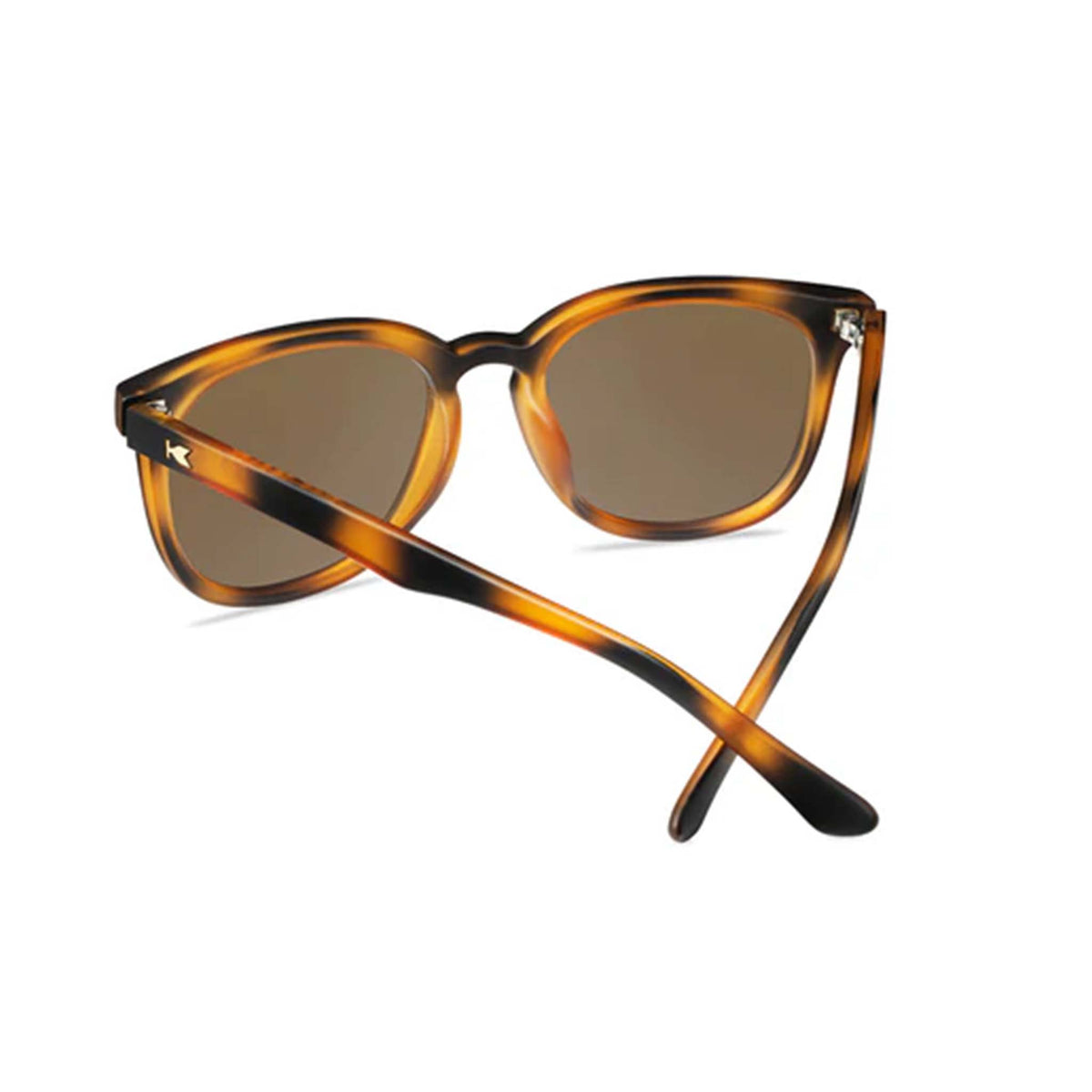 Sunglasses with tortoiseshell frame and brown lenses on a white background